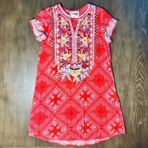 Savannah Jane Red Embroidered Bandana Print Tunic Dress Size S Bohemian